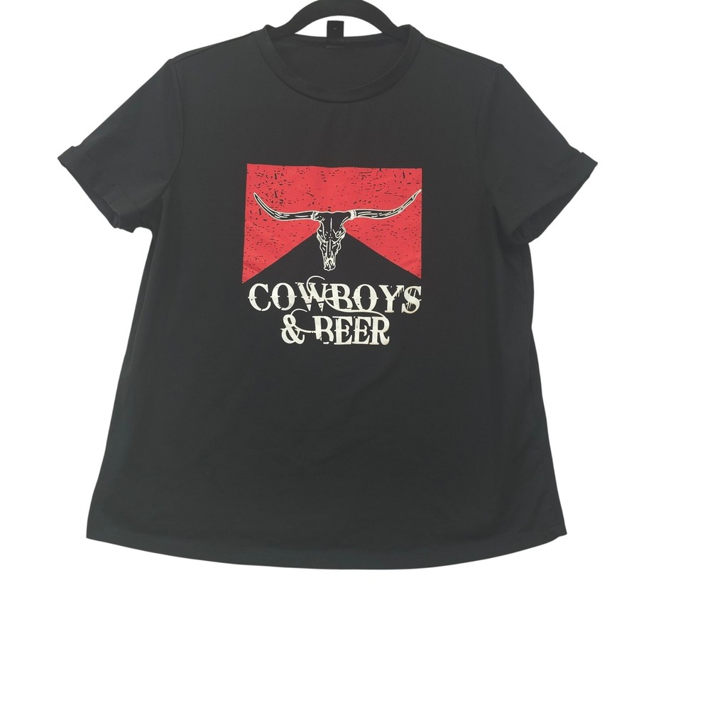 Black Cowboys & Beer Graphic Tee Western Longhorn Short Sleeve Medium Cowgirl